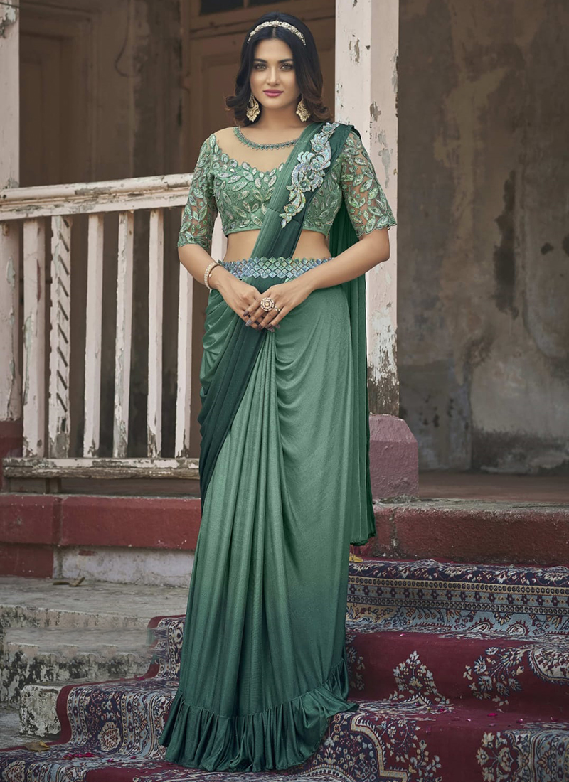 Party Wear Sarees : Green rangoli silk sequence work border ...