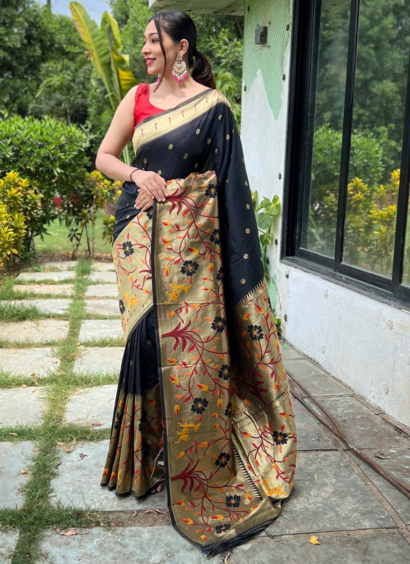 Buy Traditional Wear Black Paithani Silk Saree Online From Surat ...