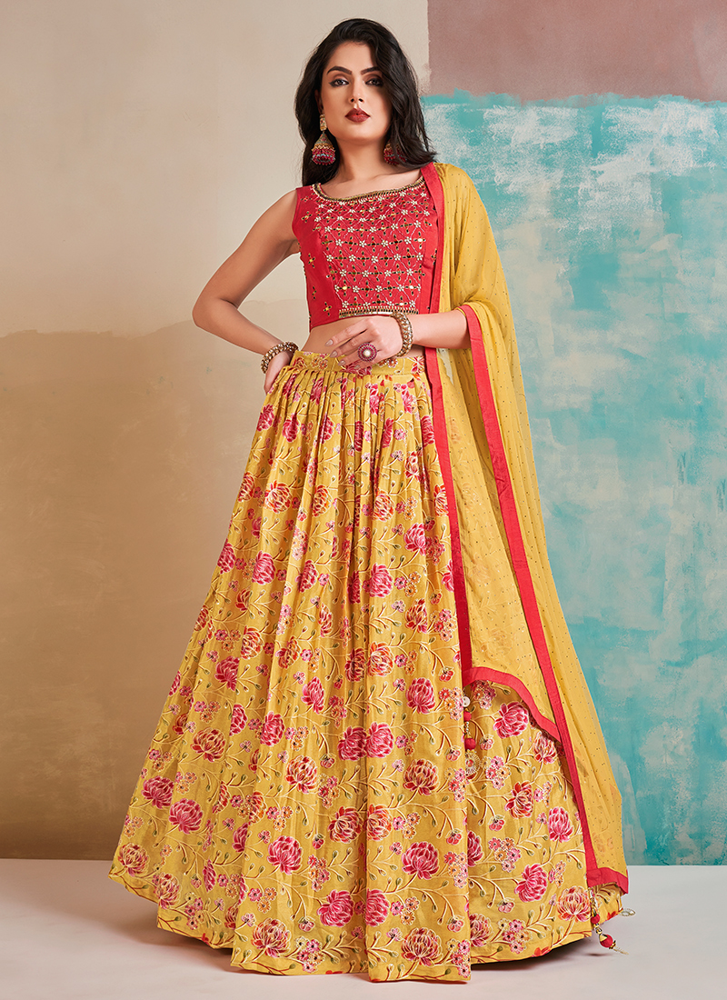Stitched Georgette Wedding Wear Red And Yellow Lehenga Choli, Size: Free  Size at Rs 1450 in Mumbai