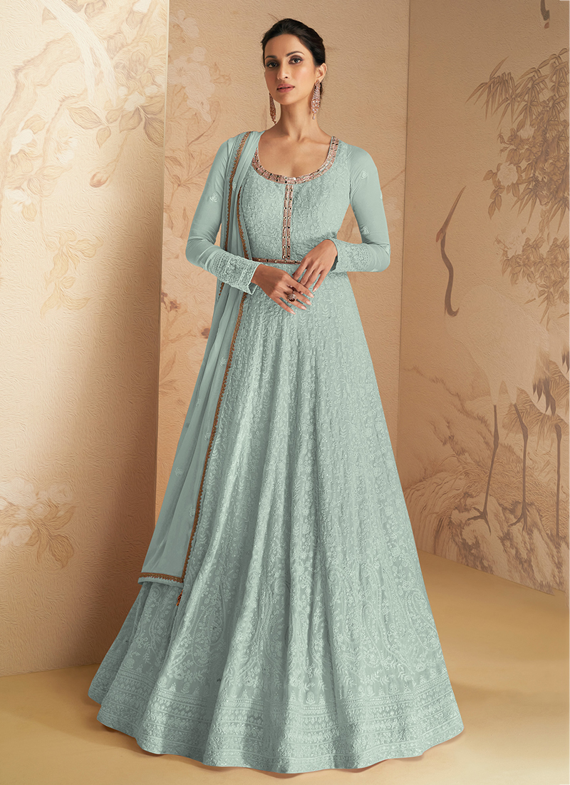 Buy Party Wear Blue Sequins Work Faux Georgette Gown Online From Surat  Wholesale Shop.