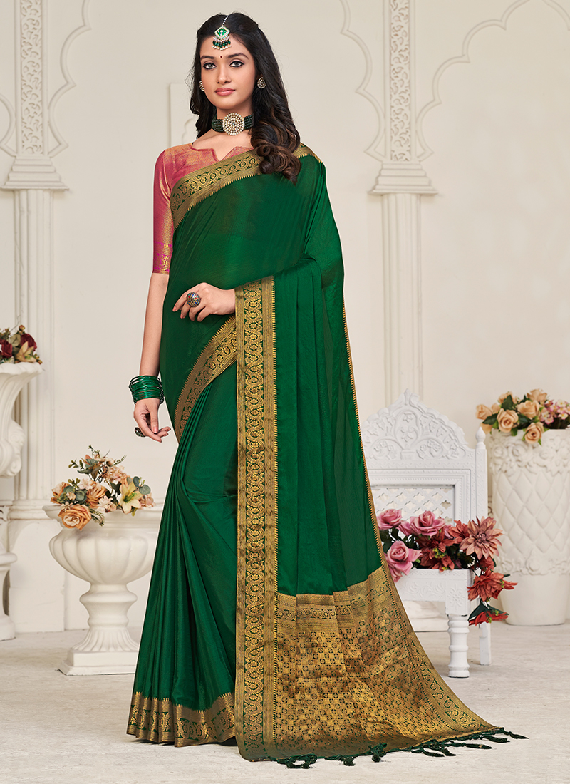 Women Party Wear Chinnon Silk Saree with Jari Weaving Border Patta