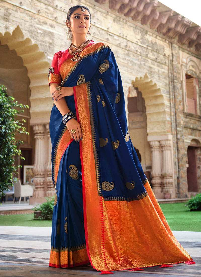 Buy Traditional Wear Navy Blue Weaving Satin Silk Saree Online From Surat Wholesale Shop