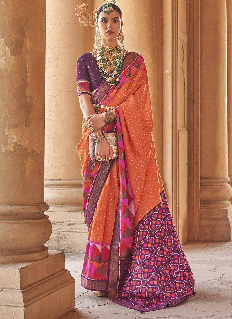 Handloom Rani Pink Pure Chanderi Silk Saree With Orange Mashroo Border –  WeaverStory