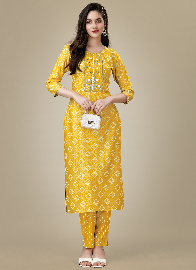 Yellow Cotton Anarkali Kurta With Floral Print And Gota Patti Shop Online  at Soch India