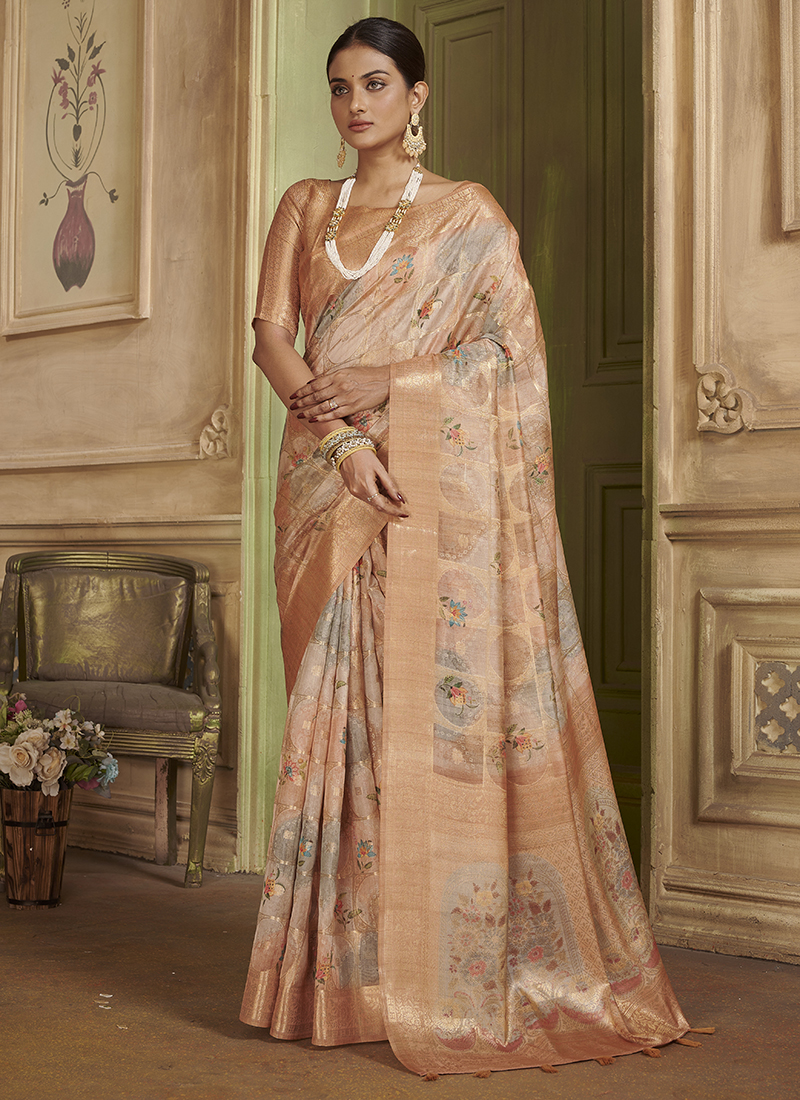 Printed Pale Pink Kora Silk Light Weight Saree|SARV167645