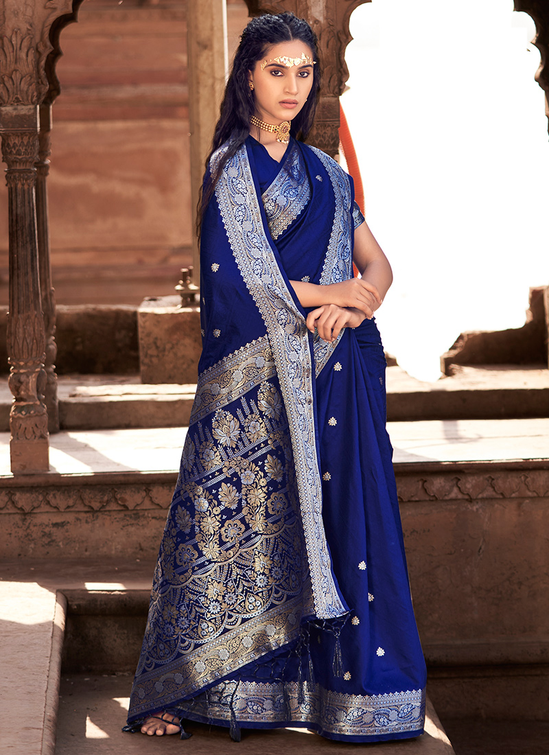 Buy Midnight Blue Saree In Satin With Three Toned Kundan Embellished Floral  Motifs Along The Border Online - Kalki Fashion