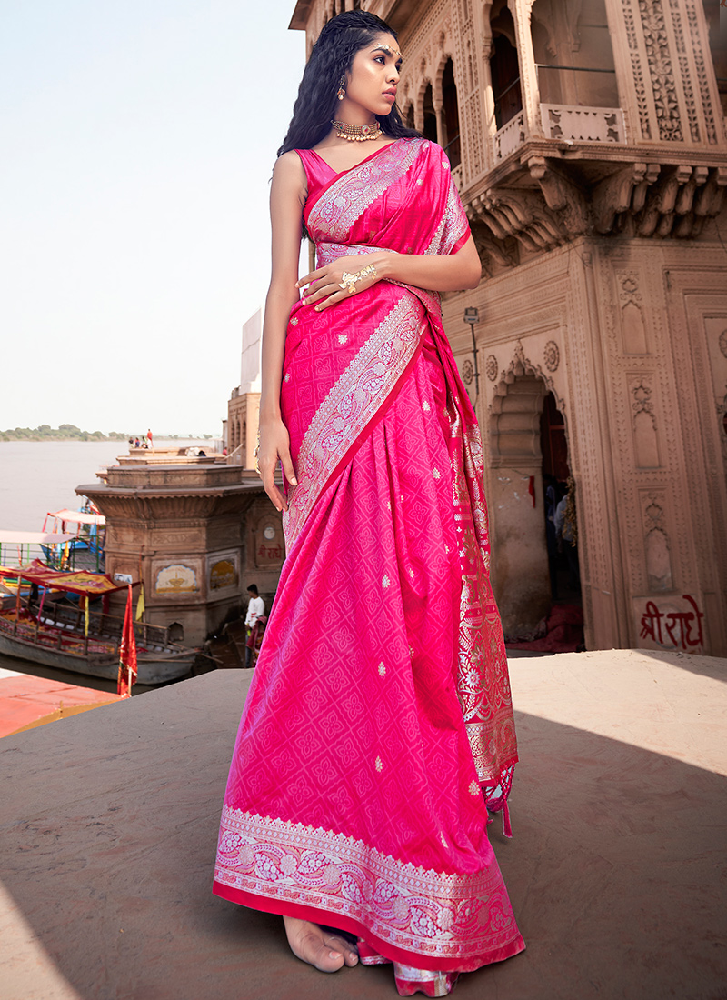 Hot Pink Pure Satin Silk Saree – Ranjvani