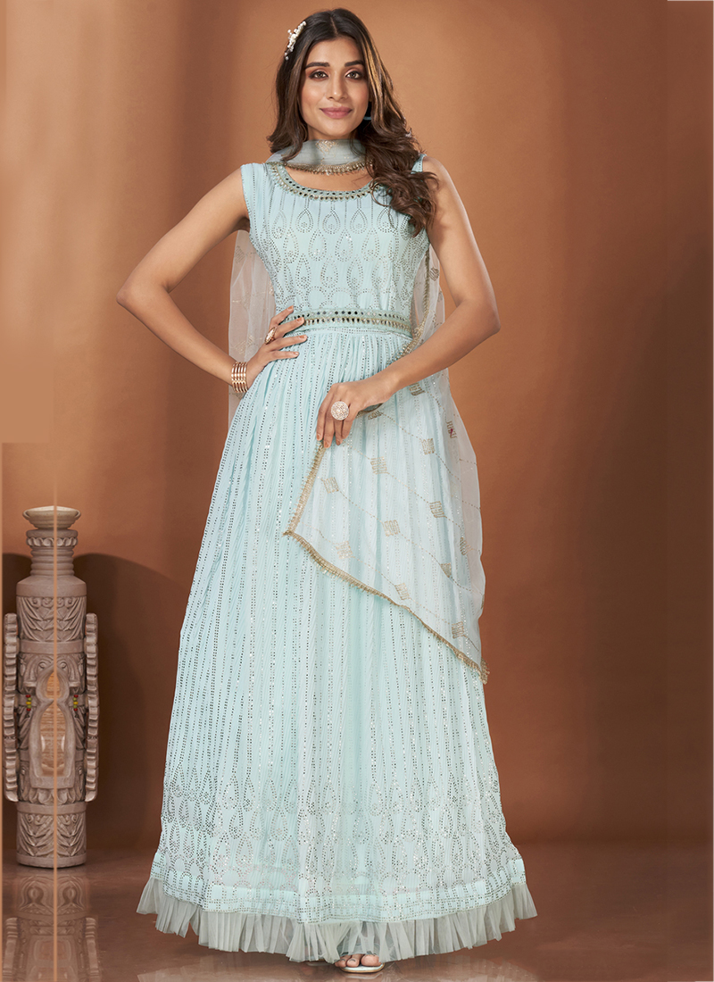Sky Blue Printed Gown For Bride Online At Best Price