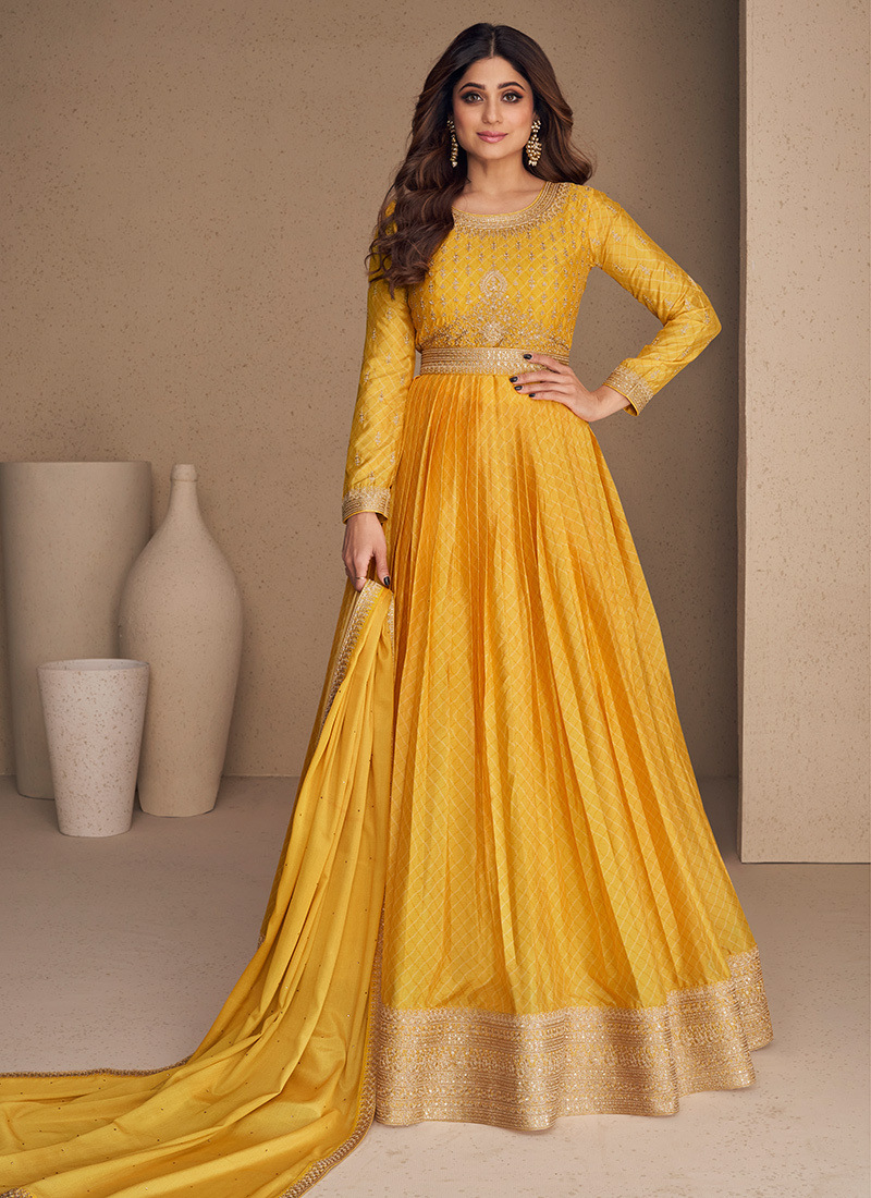 Buy Party Wear Yellow Embroidery Work Chinnon Silk Gown With ...