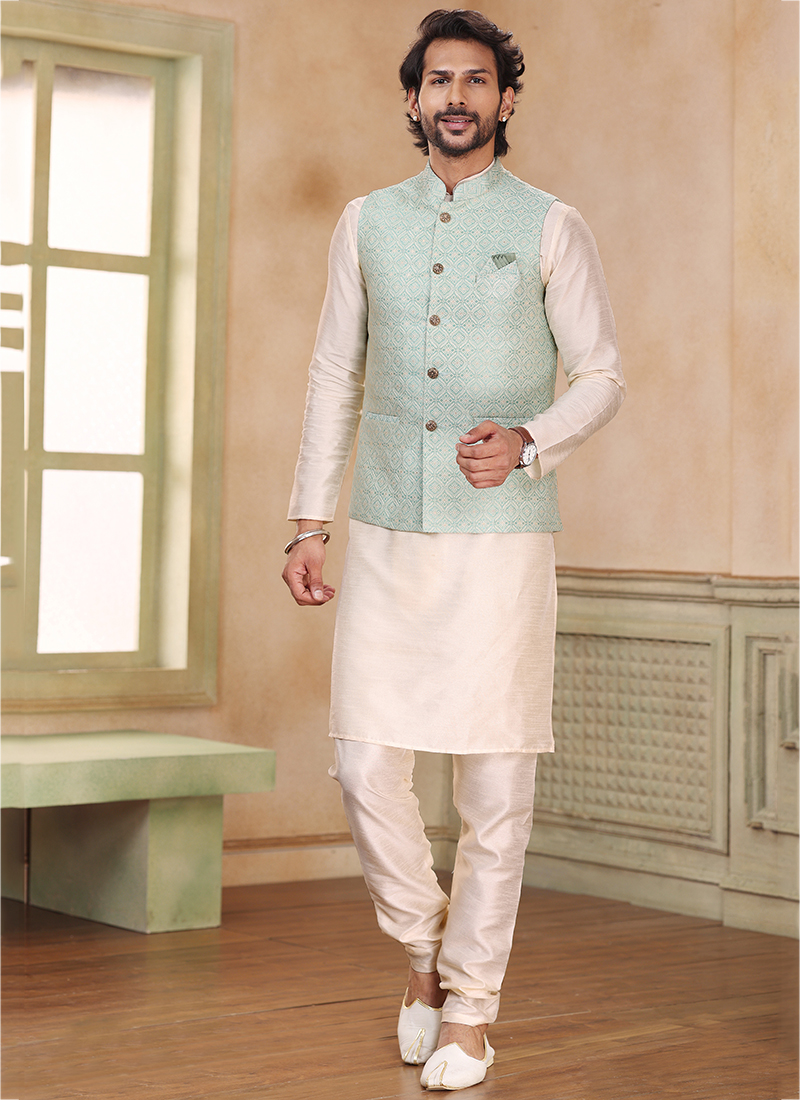 Beige Jacquard Silk Kurta Pyjama with Jacket | Jackets, Pajamas, Pajama set