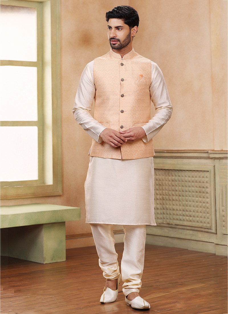 Off white Kurta Pant with Peach Embroidered Jacket - Babeehive