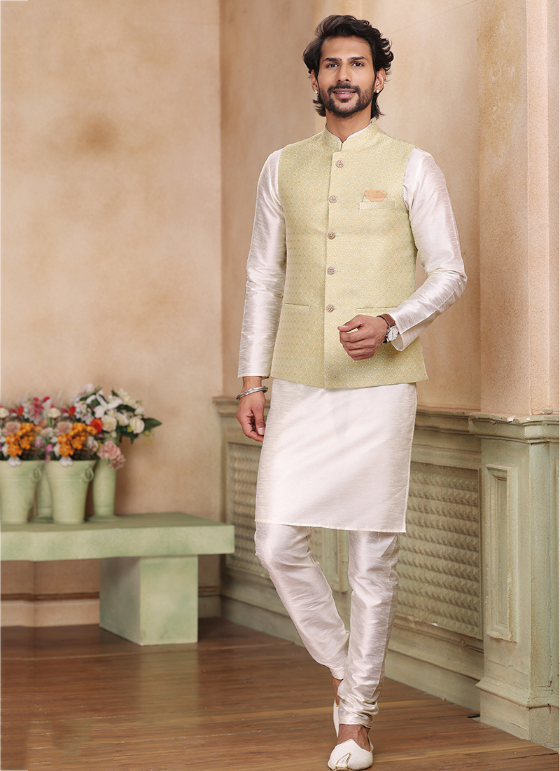 Elegant Banarsi Light Pink Color Designer Half Jodhpuri Jacket with Si–  SAINLY