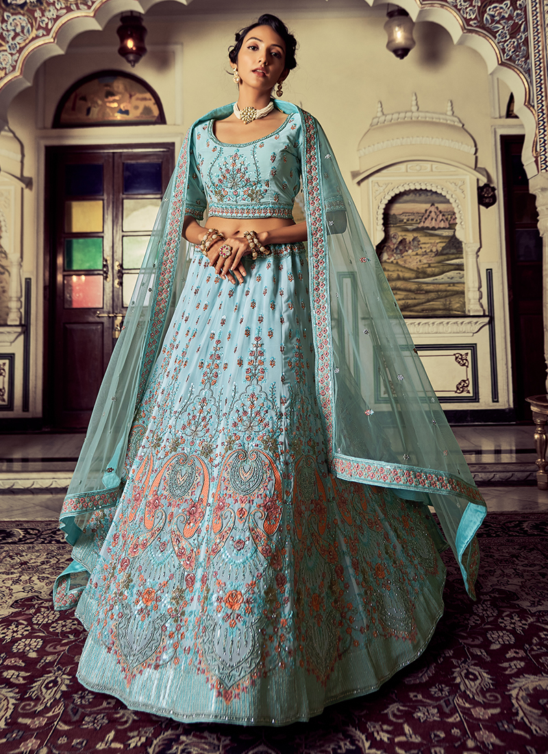 Wedding Wear Turquoise Blue Sequins Work Georgette Lehenga Choli KIMAYA3 51003