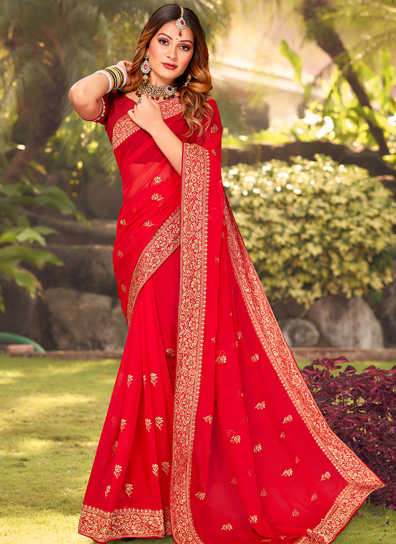 red color viscose georgette saree with zari weaving work