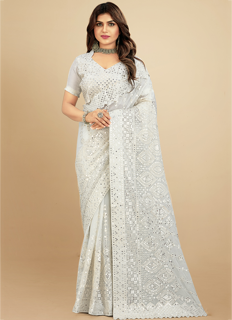 Lami Paisley Design Linen Cotton Lucknowi Saree With Weaving and Handmade  Jhalar Pallu, Weaving Blouse, White