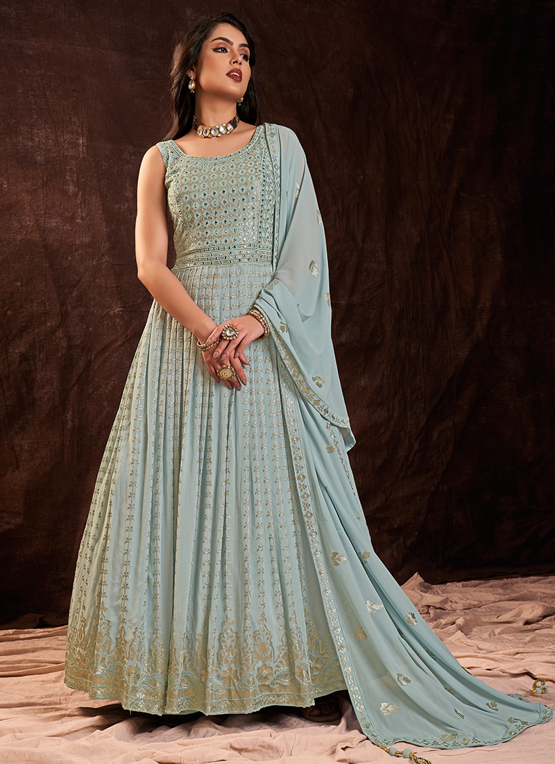 Gorgeous Peacock Blue Color Georgette With Sequence Work Gown