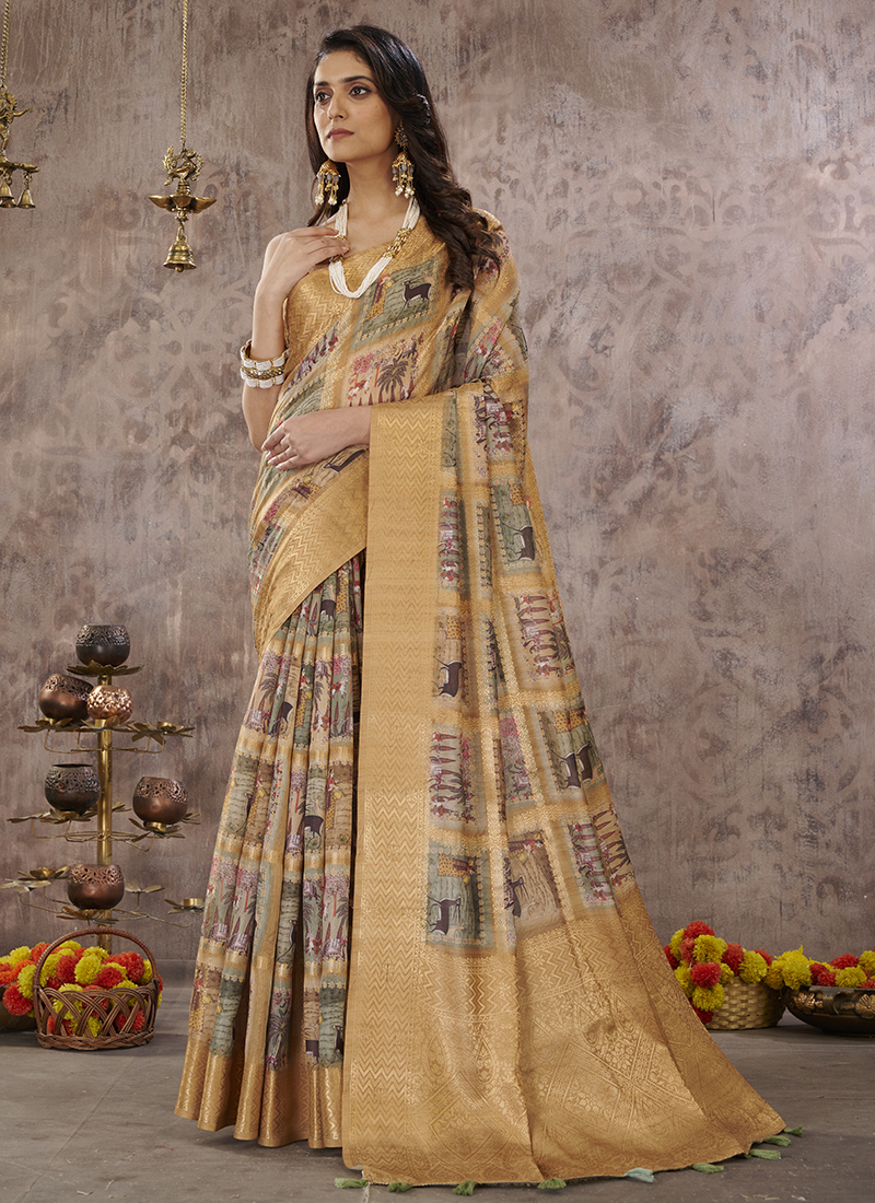 Beige Cotton Saree With Blouse 209086