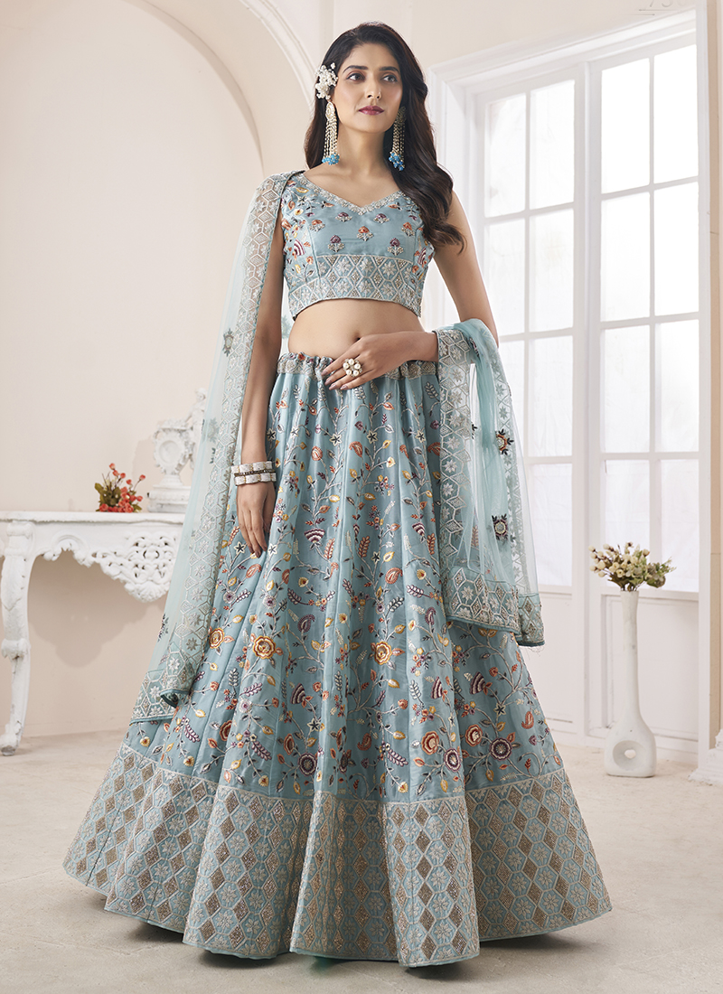 Delightful turquoise blue Dori work, Thread Embroidered with diamond work  Bridal Net Semi Stitched Lehenga choli - MEGHALYA - 3898176