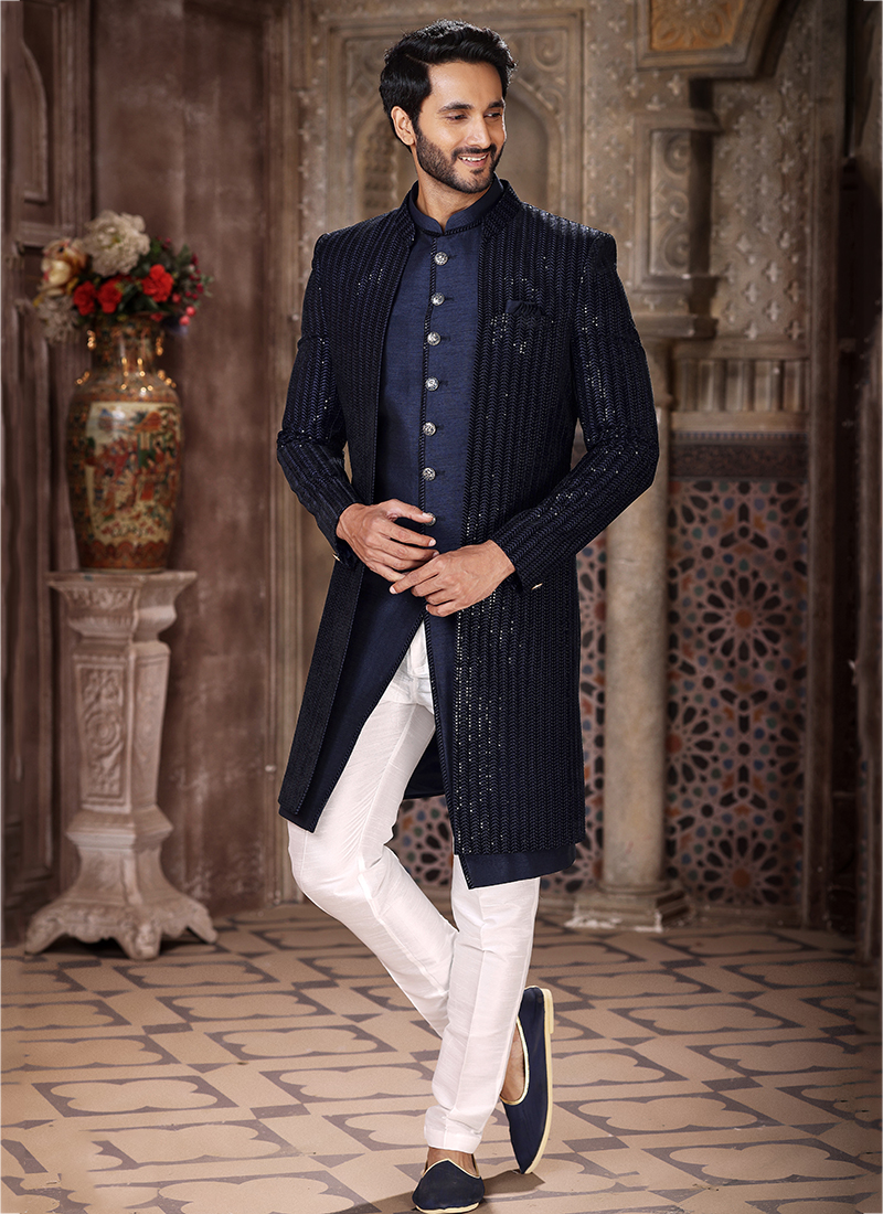 blue indo western dress men Navy Blue Resham Embellished Mens Indo Western with Pant – DC Fashion main image 0