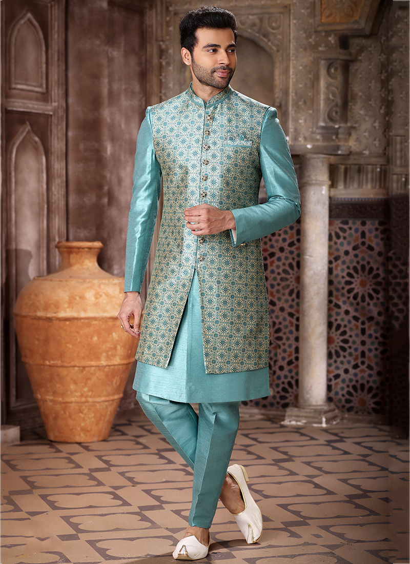 brown dress with blue polka dots Men Navy Blue Embroidered Indian Wedding Suit – Ethnic World