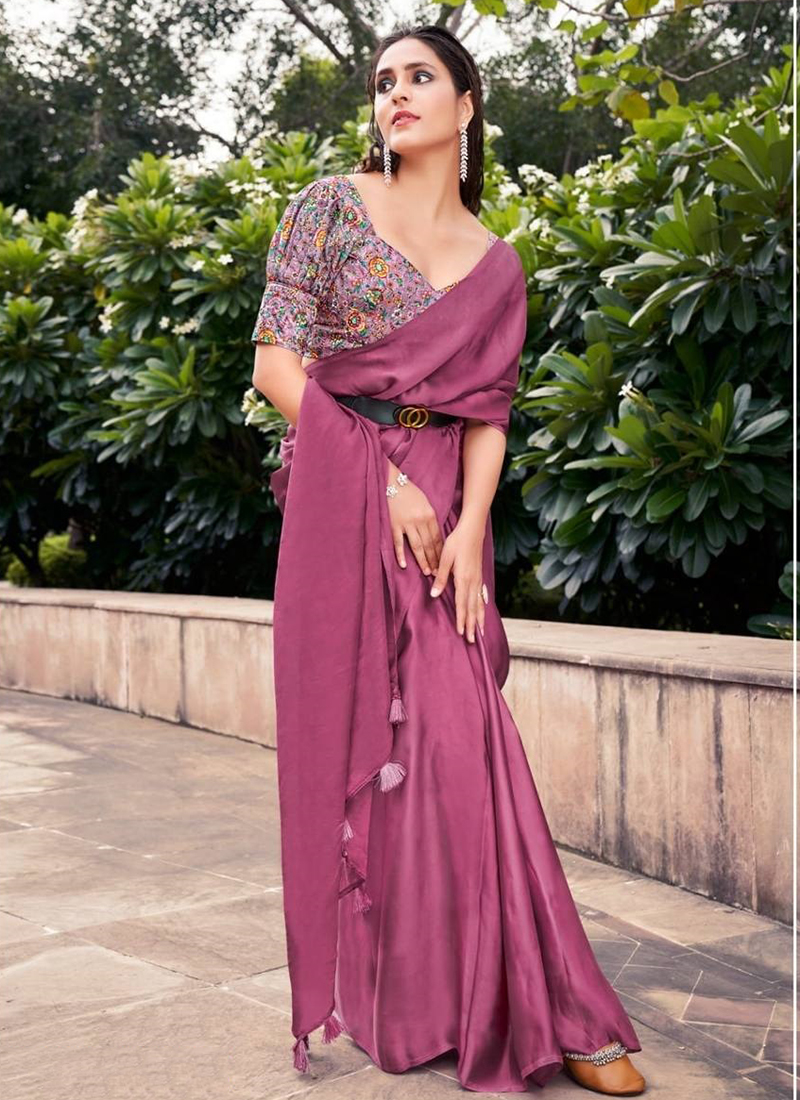 Mauve color digitally printed weaving silk saree with blouse - Monjolika -  4236697