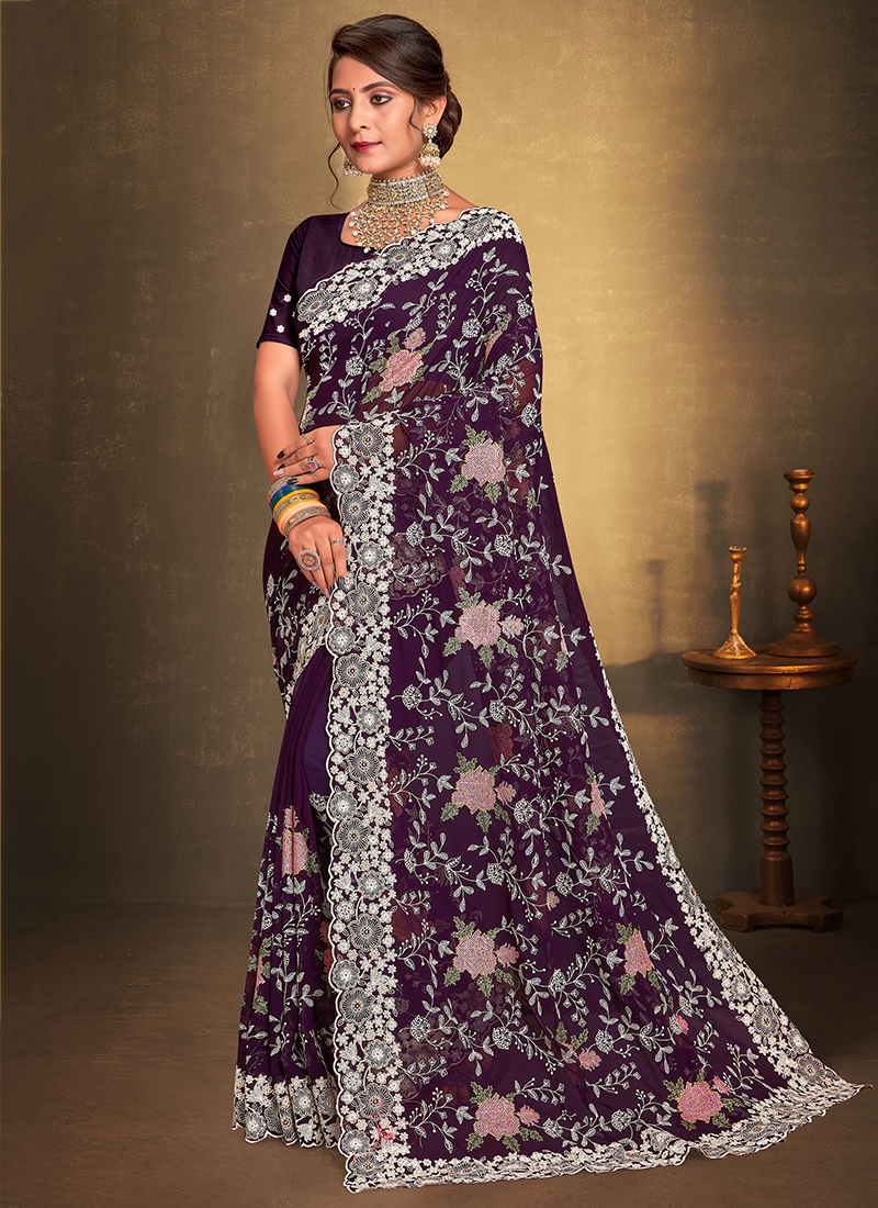 Festival Wear Purple Resham Work Georgette Saree GIVA 7283