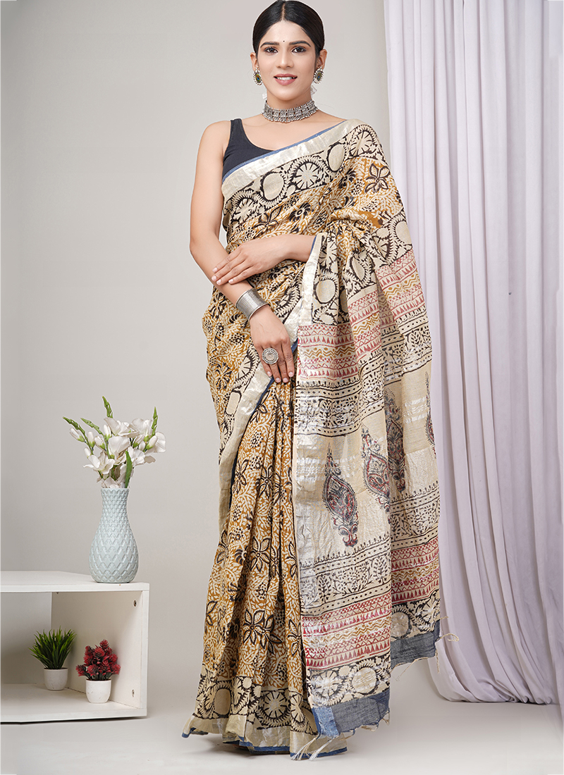 Indus Beige Bagru Saree