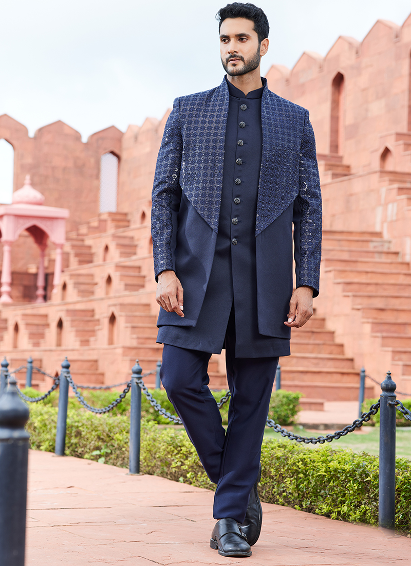 Buy Wedding Wear NAVY BLUE Thread Work Art Silk 3 Pcs Jacket Set Online  From Surat Wholesale Shop.