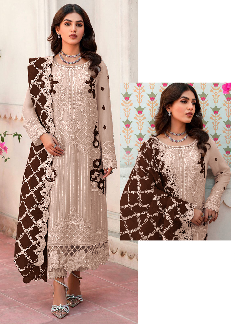 Beige Designer Readymade Organza Pant Suit With Wevon Design Baadla Work