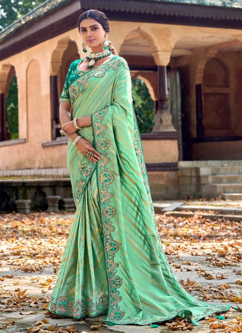Buy Wedding Wear Green Hand Work Georgette Ready To Wear Saree Online From  Surat Wholesale Shop.