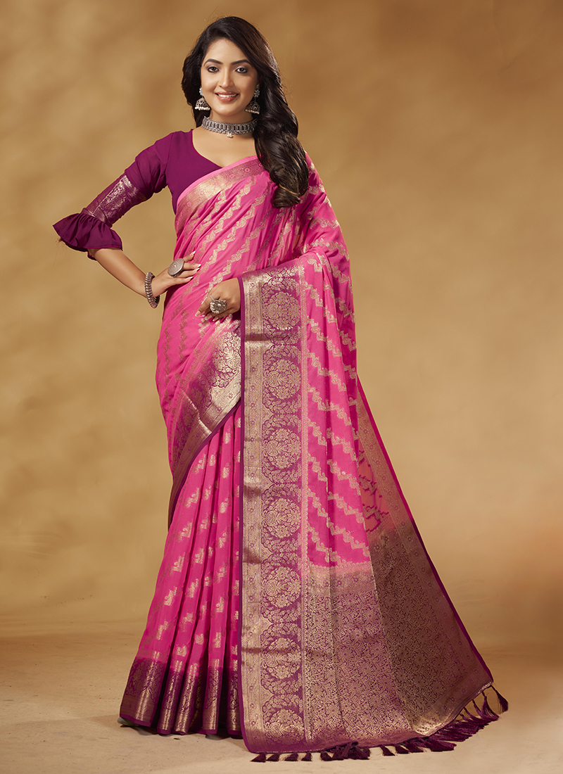 Baby Pink Banarasi Khaddi Weaved Georgette Saree – Zilikaa