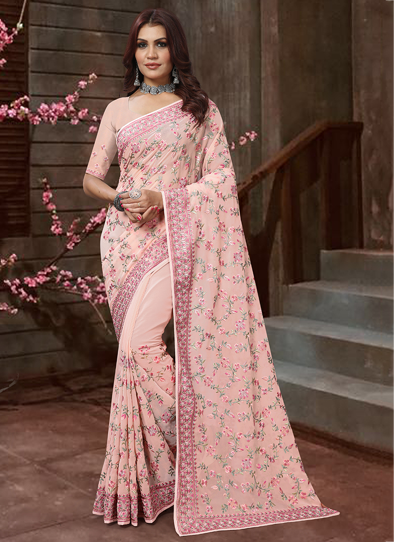 Buy Odette Peach Georgette Saree With Blouse Piece online