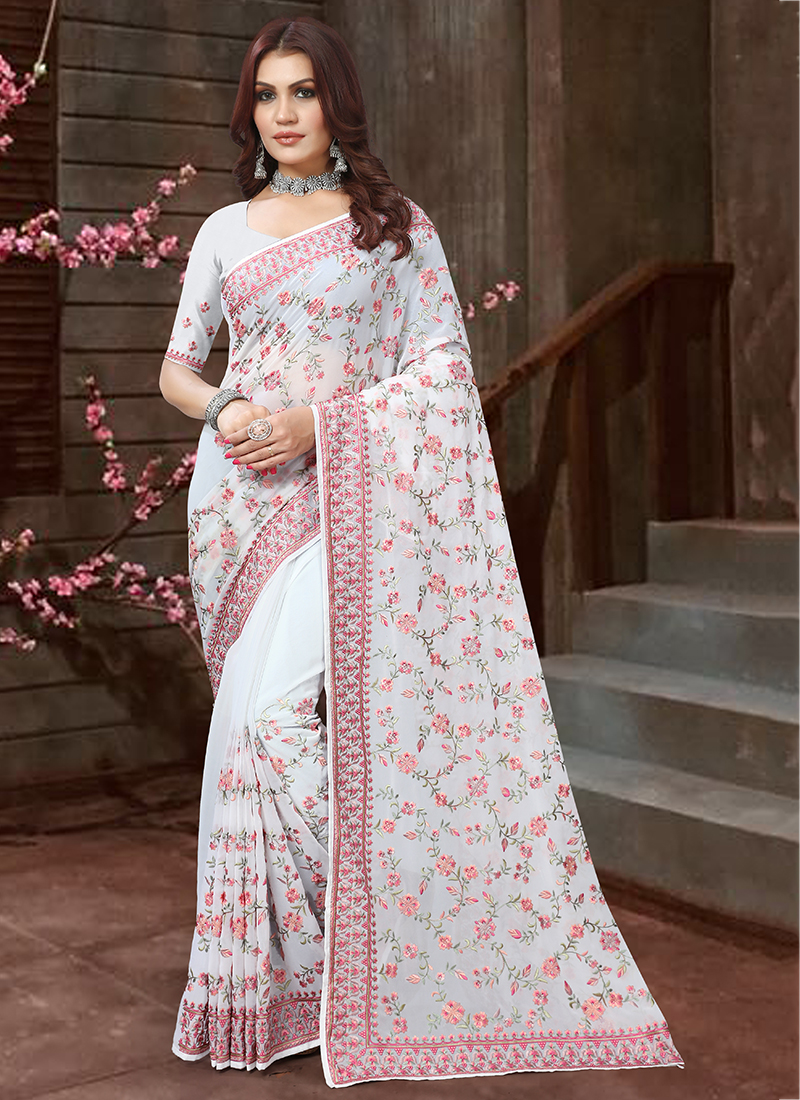 White Georgette Saree With Blouse 212278