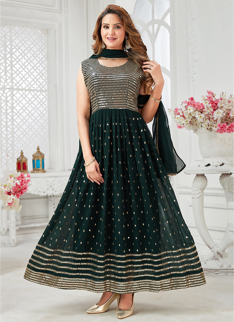 Buy Bottle Green Indowestern A Line Gown In Georgette With Cold Shoulder  Sleeves Online - Kalki Fashion
