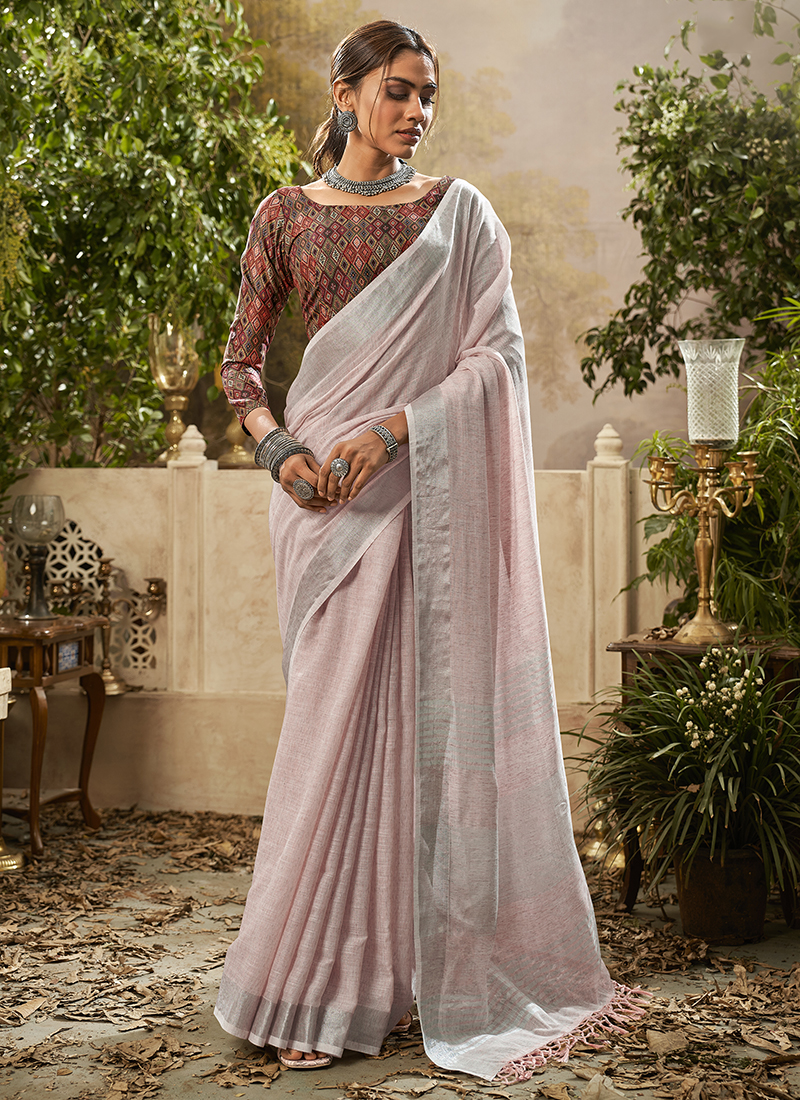 Buy Saree | Light Pink Embroidered Party Wear Silk Saree At Hatkay