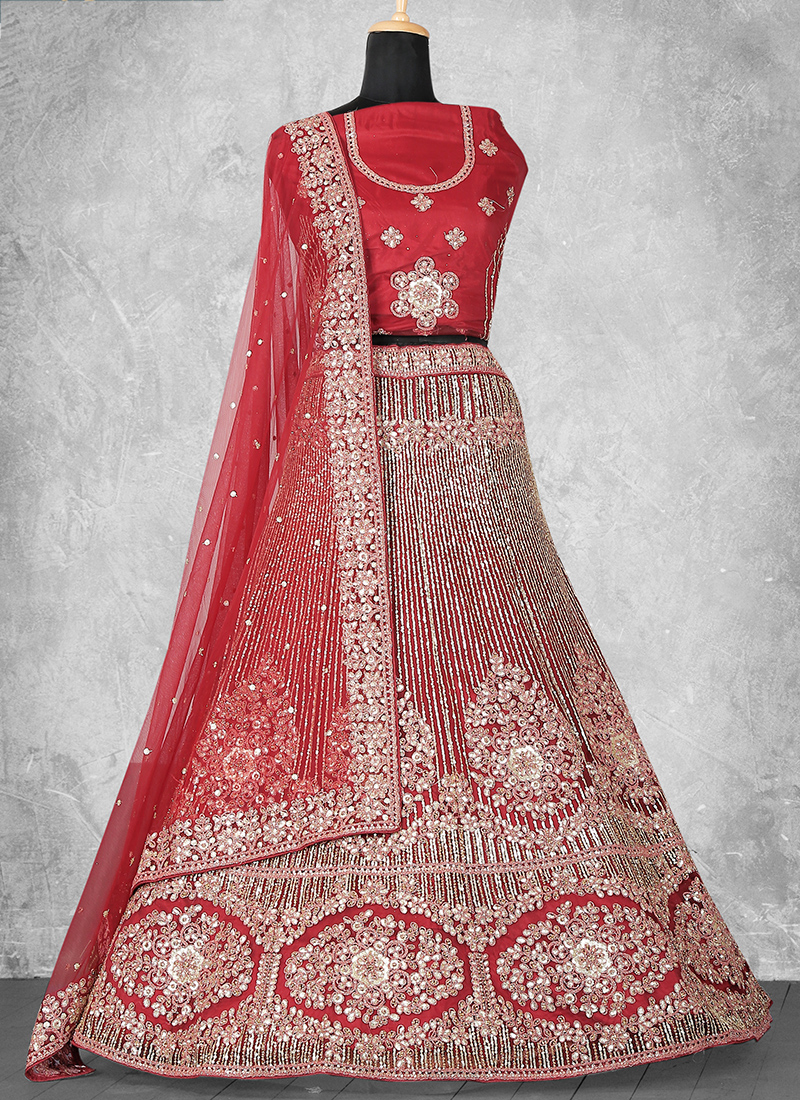 Heavy Work Weddingwear Red Color Bridal Lehenga Choli With Net Dupatta