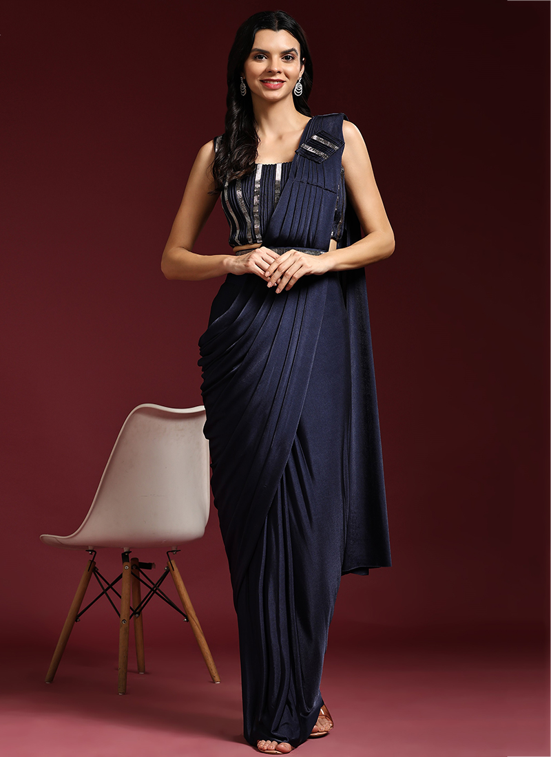 Navy Blue Color Lycra And Fancy Net Designer Party Wear Saree Blous