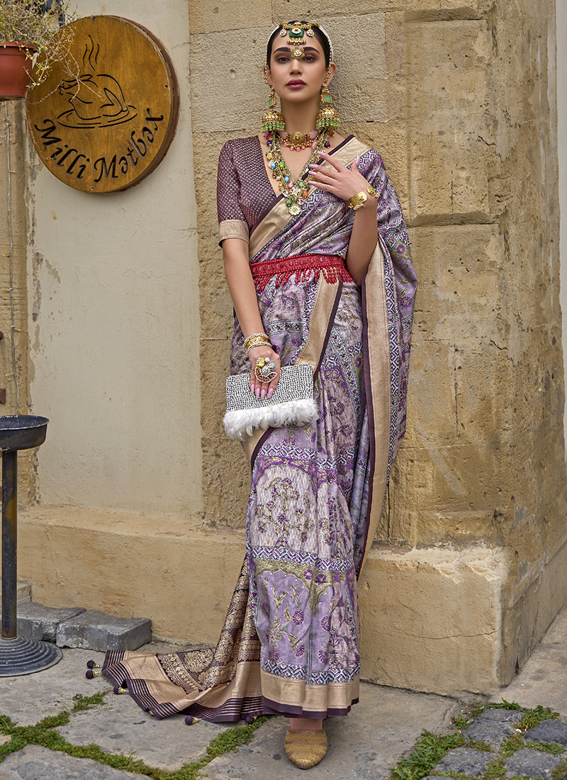 Printed Pure Silk Saree with Kantha Prints in Black | Bengal Looms