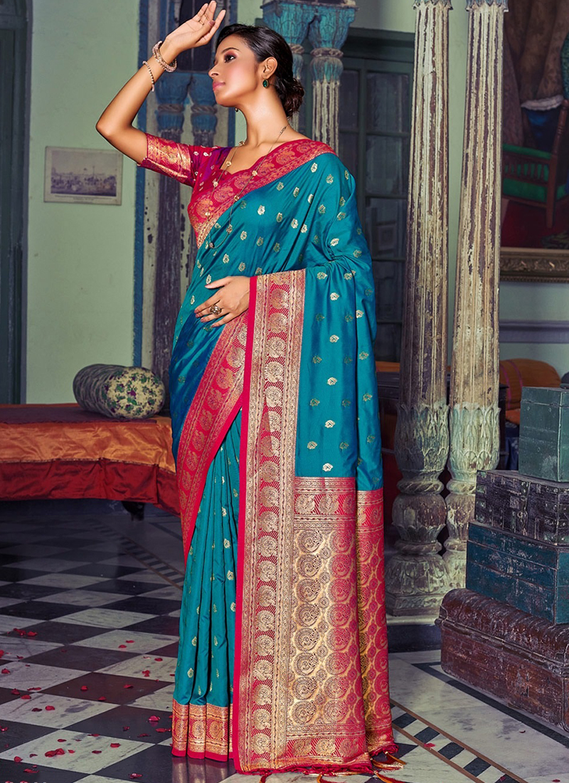 Buy Firozi Banarasi Silk Traditional Wear Weaving Saree Online From  Wholesale Salwar.