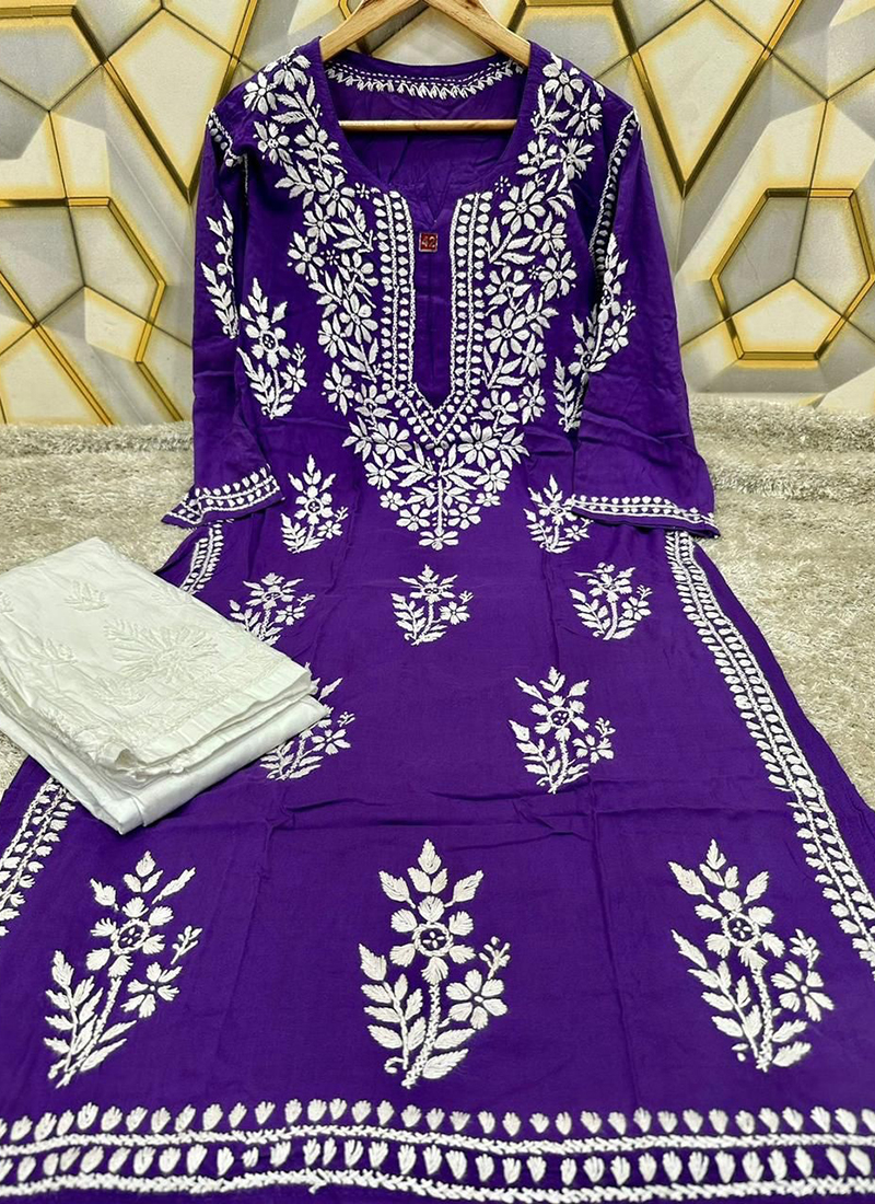 Festival Wear Purple Lucknowi Work Modal Kurti With Pant KT20 3