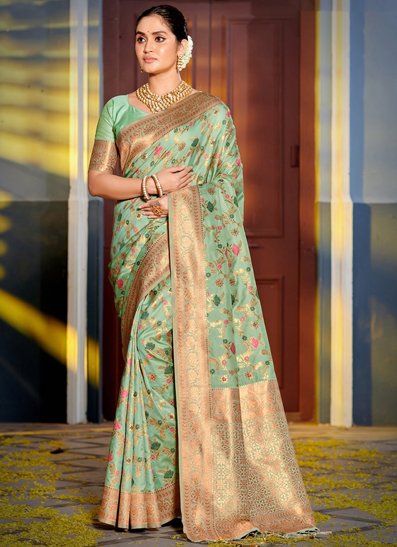 Buy Party Wear Pista Green Weaving Silk Saree Online From Surat