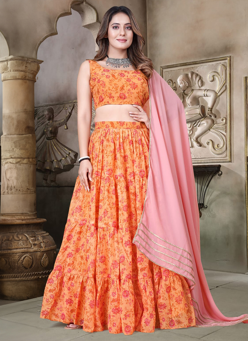 Buy Party Wear Orange Digital Printed Organza Lehenga Choli Online From  Surat Wholesale Shop.