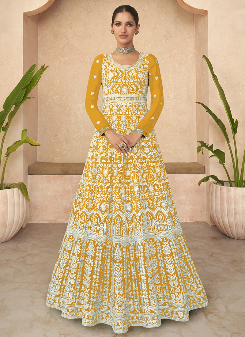 Pale Yellow Wedding Anarkali Dress Online | Latest Gown Design 2022