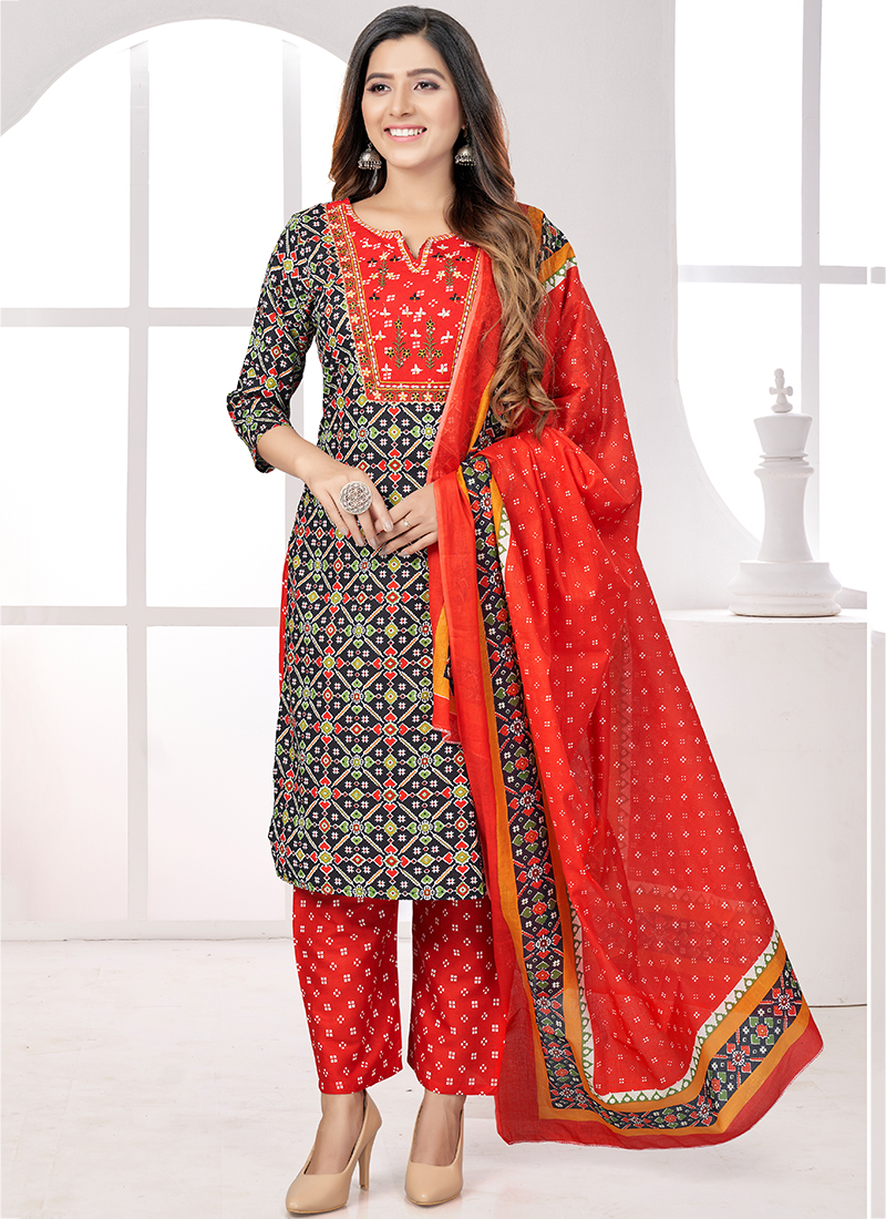 Buy Red Cotton Regular Wear Printed Churidar Suit Online From