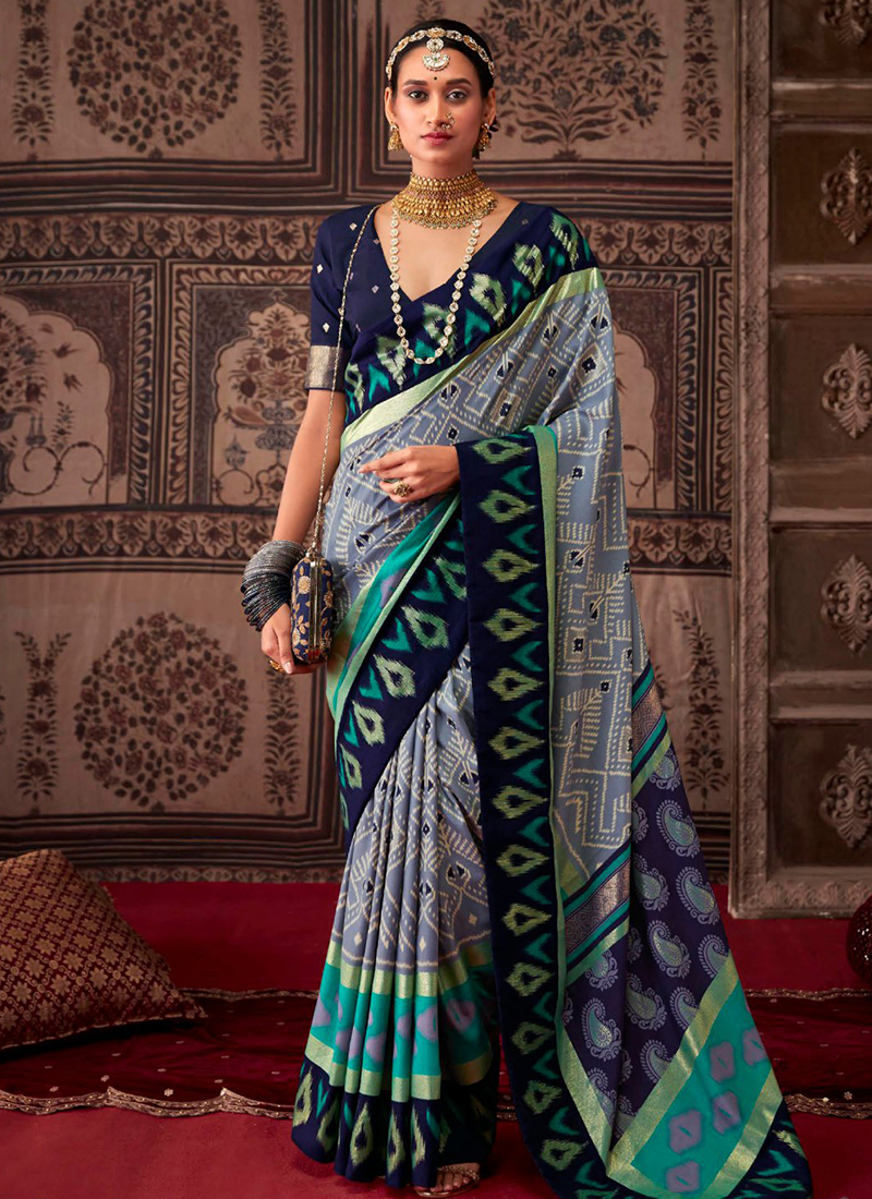 Buy Tradional Wear Grey Printed Tussar Silk Saree Online From Surat ...