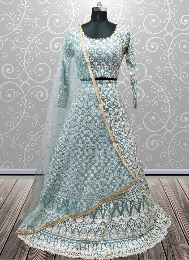 Buy Sky Blue Georgette Party Wear Lucknowi Work Ready To Wear Lehenga Choli  Online From Wholesale Salwar.