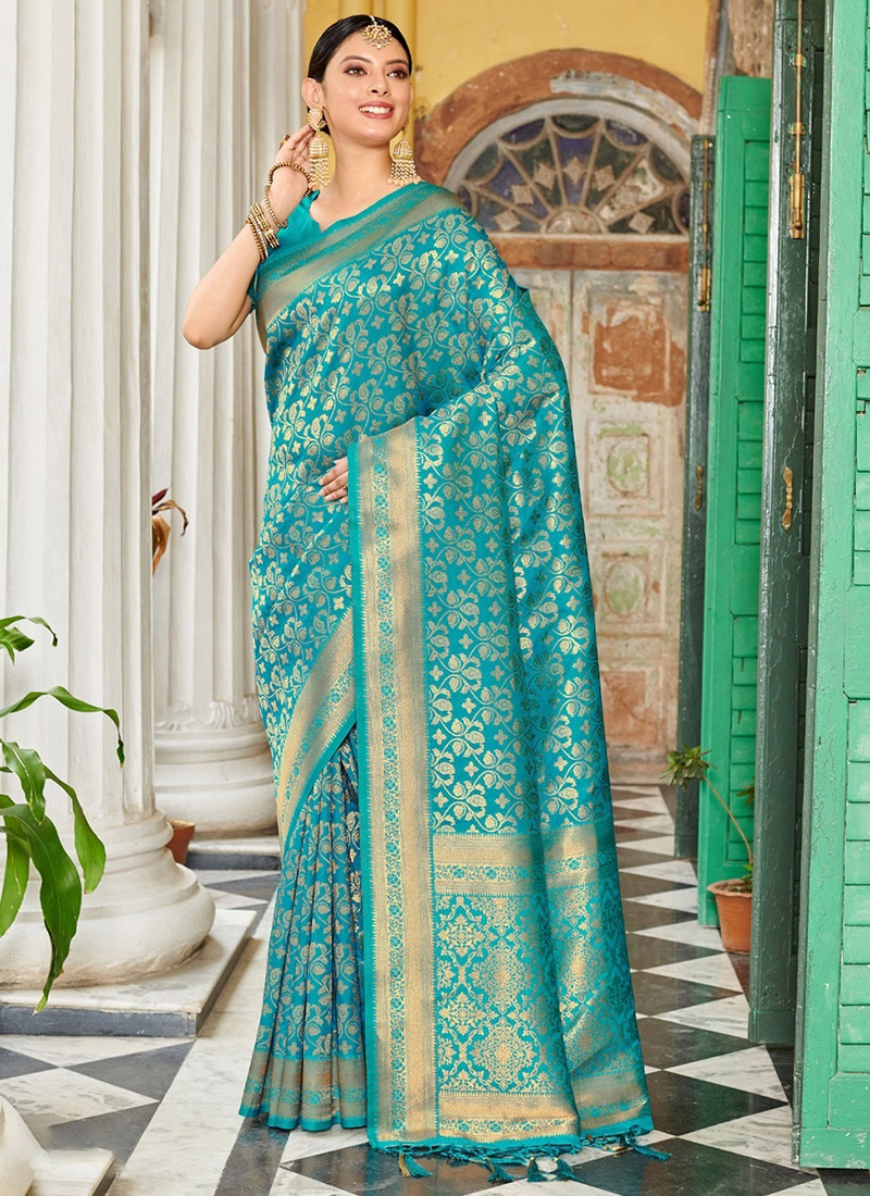 Firozi Blue Pure Katan Silk Banarasi Handloom Saree - ShopperBoard