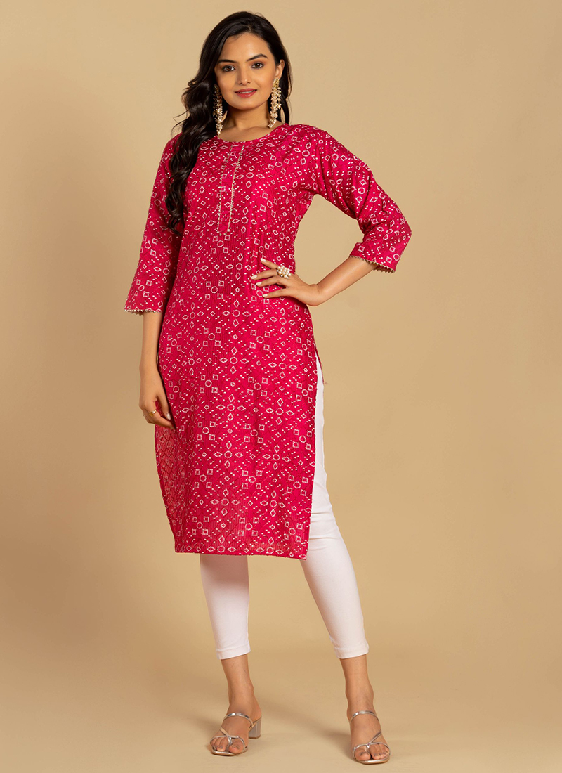 Naira Cut Kurtis Online : Rama Stylish Pure Cotton Naira Cut Bandhani Kurti  – Glamatyou Fashion