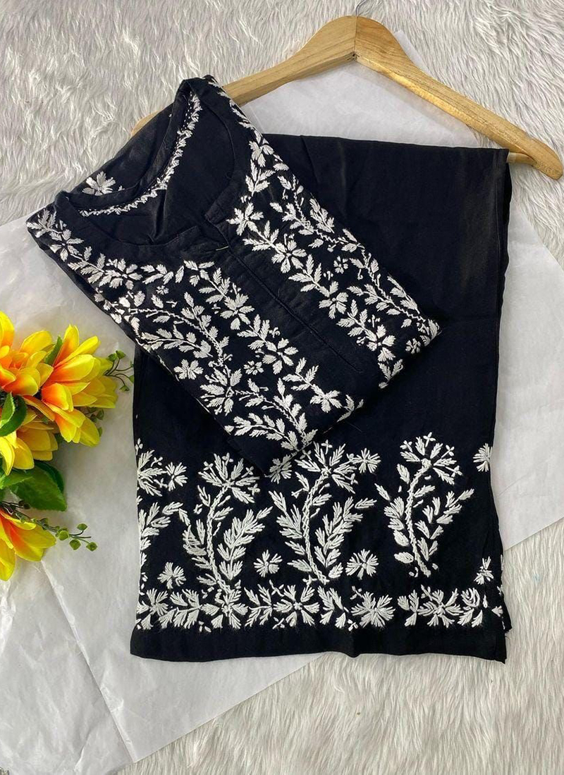 Black Floral Embroidered Rayon Kurti