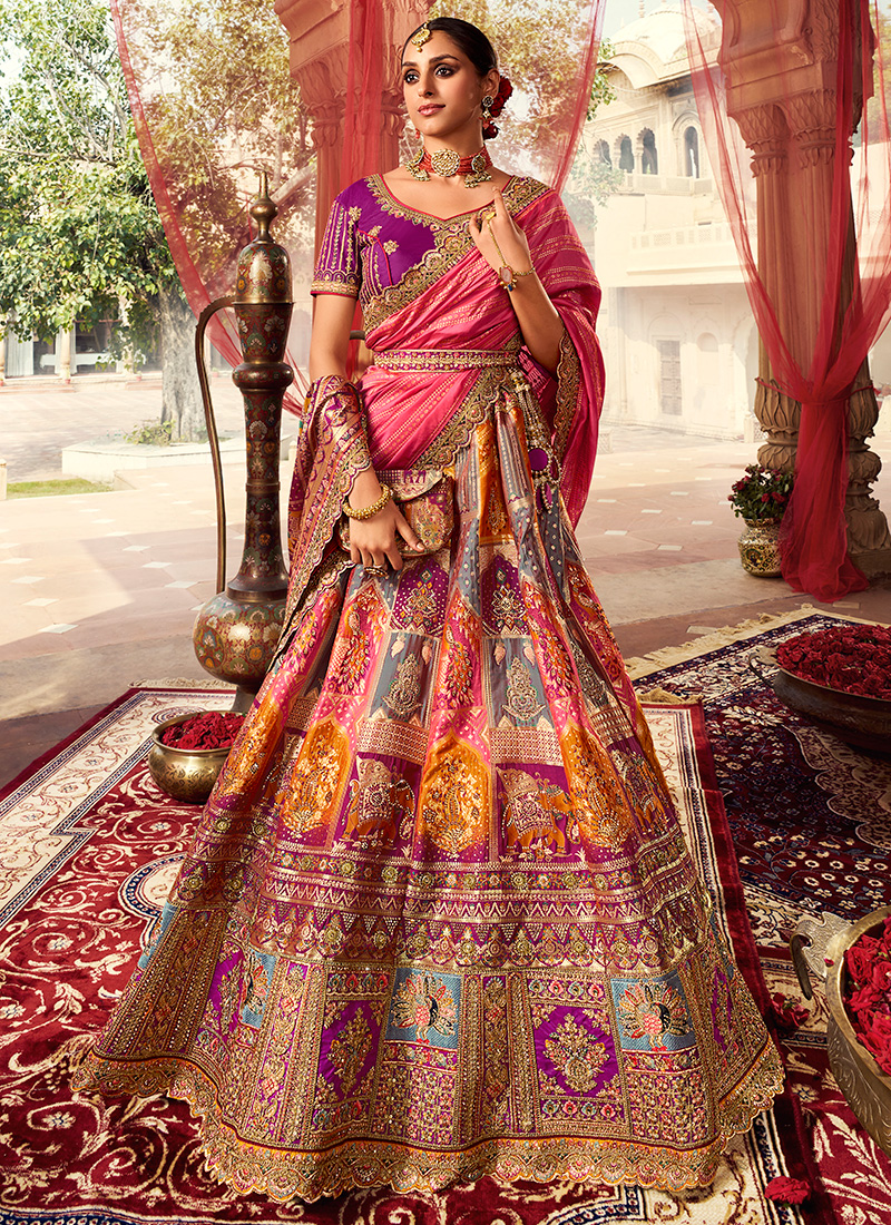 Buy Sangeet Wear Multi Color Mirror Work Rajwai Silk Lehenga Choli Online  From Surat Wholesale Shop.